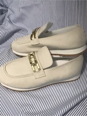 Women's Cream Slip-On Loafers with Gold Accent